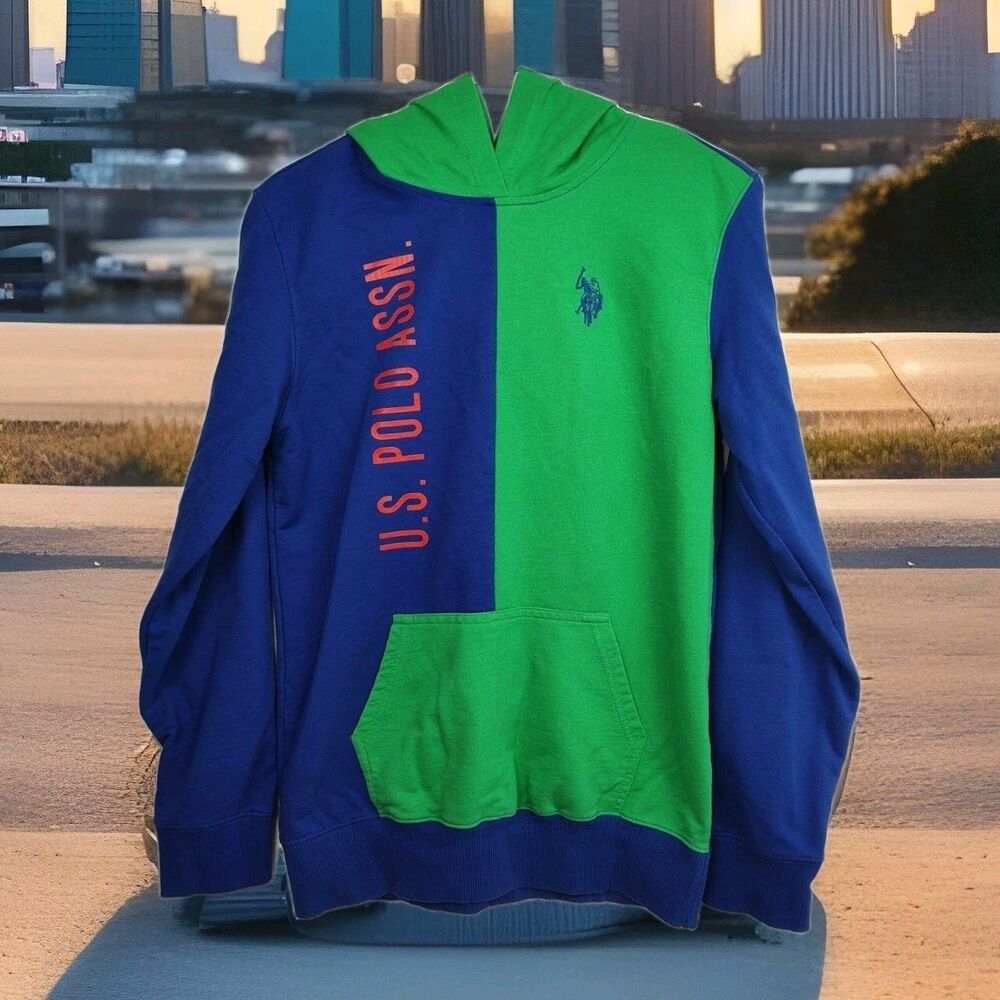 U.S. Polo Assn.‎ pullover hoodie sweatshirt, boys XXL (size 18), blue & green